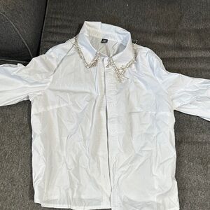 SHEIN White Shirt with Silver Embellished Collar